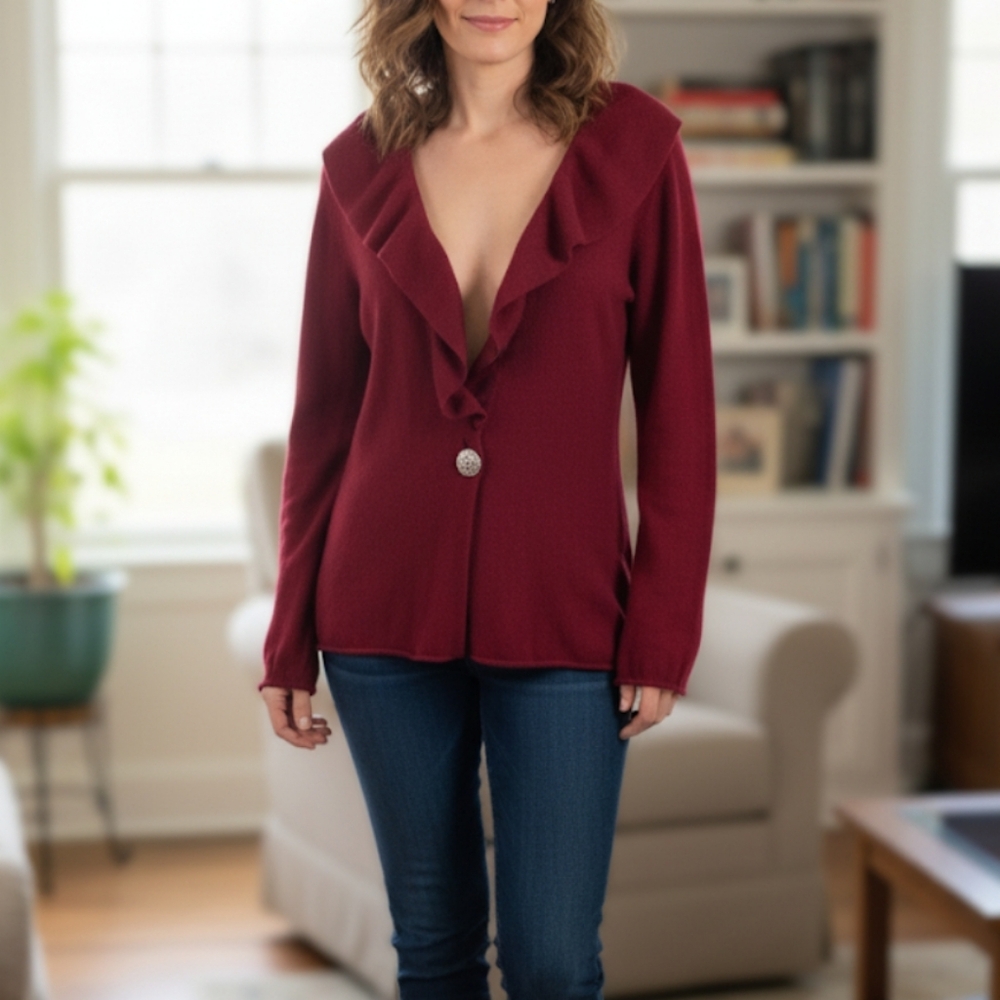 Lauren Hansen 100% Cashmere Elegant Ruffled Shawl Cardigan M